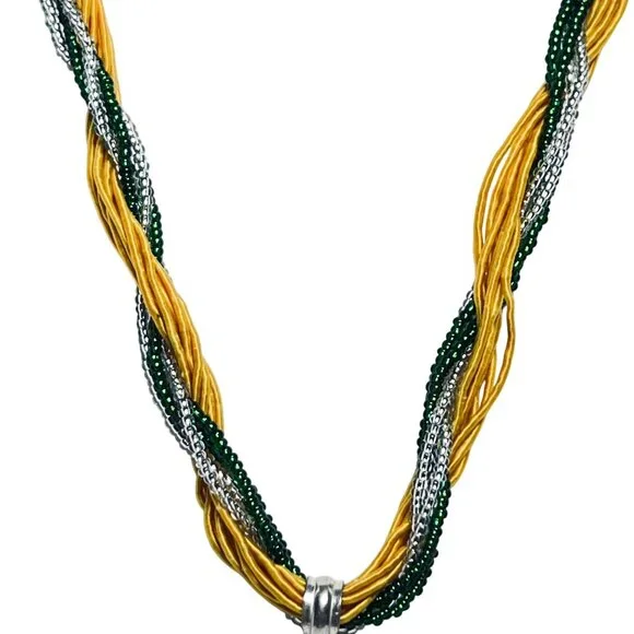 12 Strand Green & Silver Seed Bead Necklace With Jasper Pendant (5891) - Picture 2 of 6